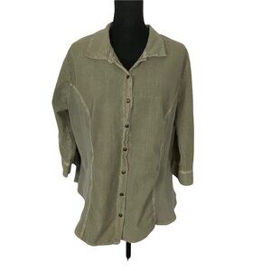 EZZE WEAR Women Snap Front 3/4 Sleeve Collard Shirt Sz L Green Casual 2A-2